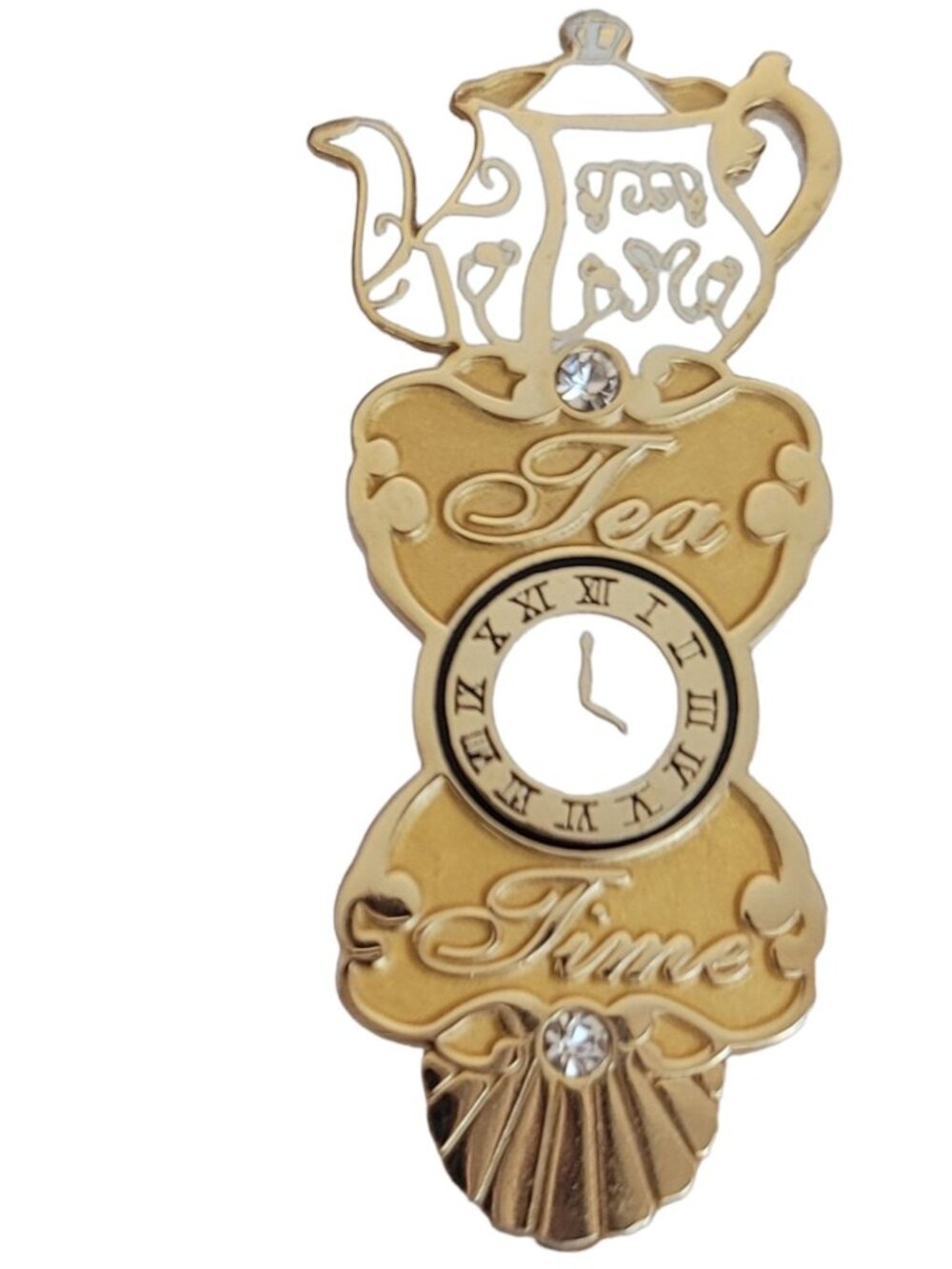 Tea Time Gold Tone Rhinestone Teapot Clock Pin M806